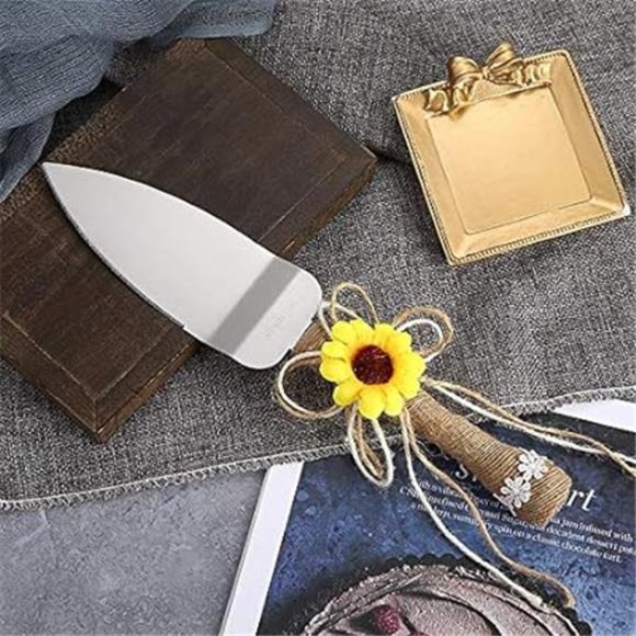 Rustic Wedding Cake Knife and Serving Set with Sunflower Burlap Lace Wedding - Picture 4 of 6